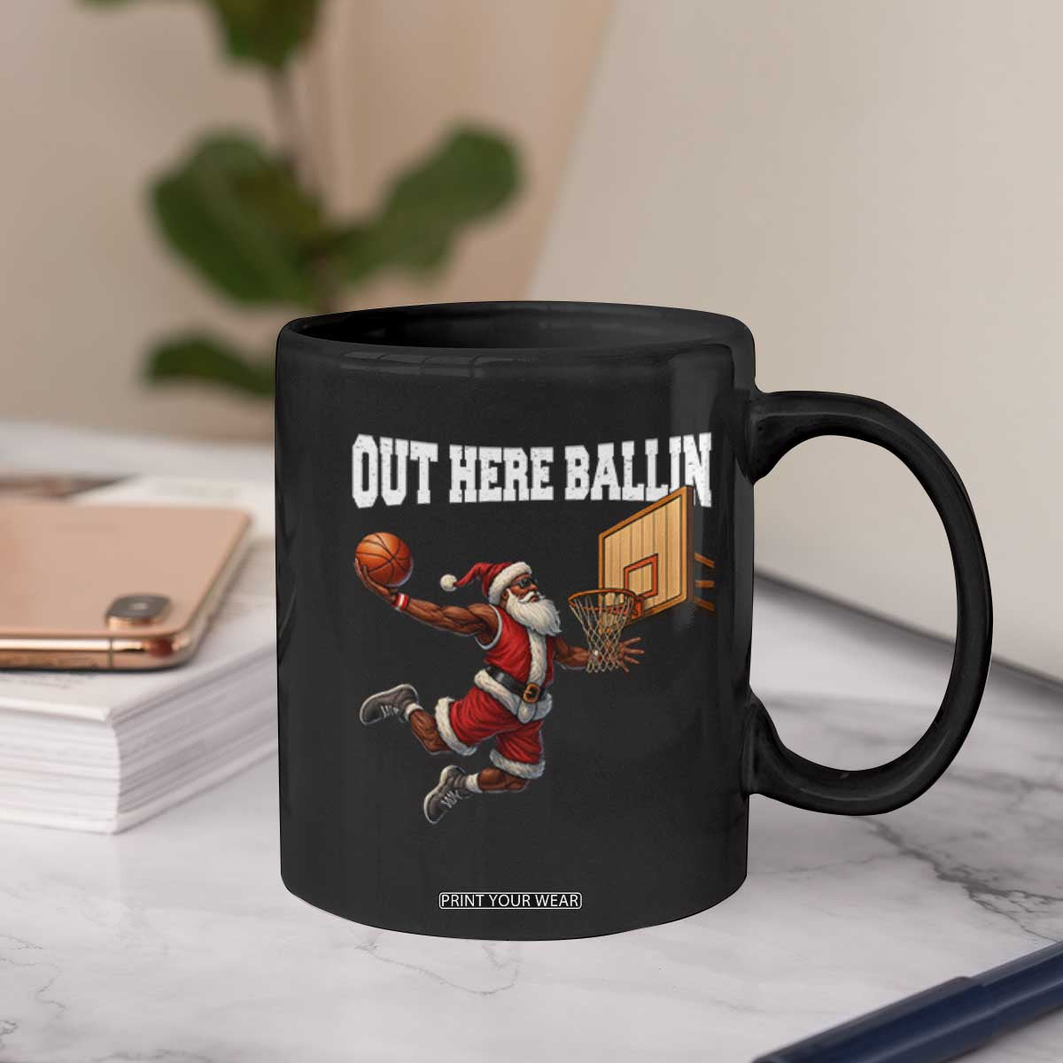 Funny Black Santa Christmas Basketball Coffee Mug Out Here Ballin Xmas Santa Sport TS11 Print Your Wear