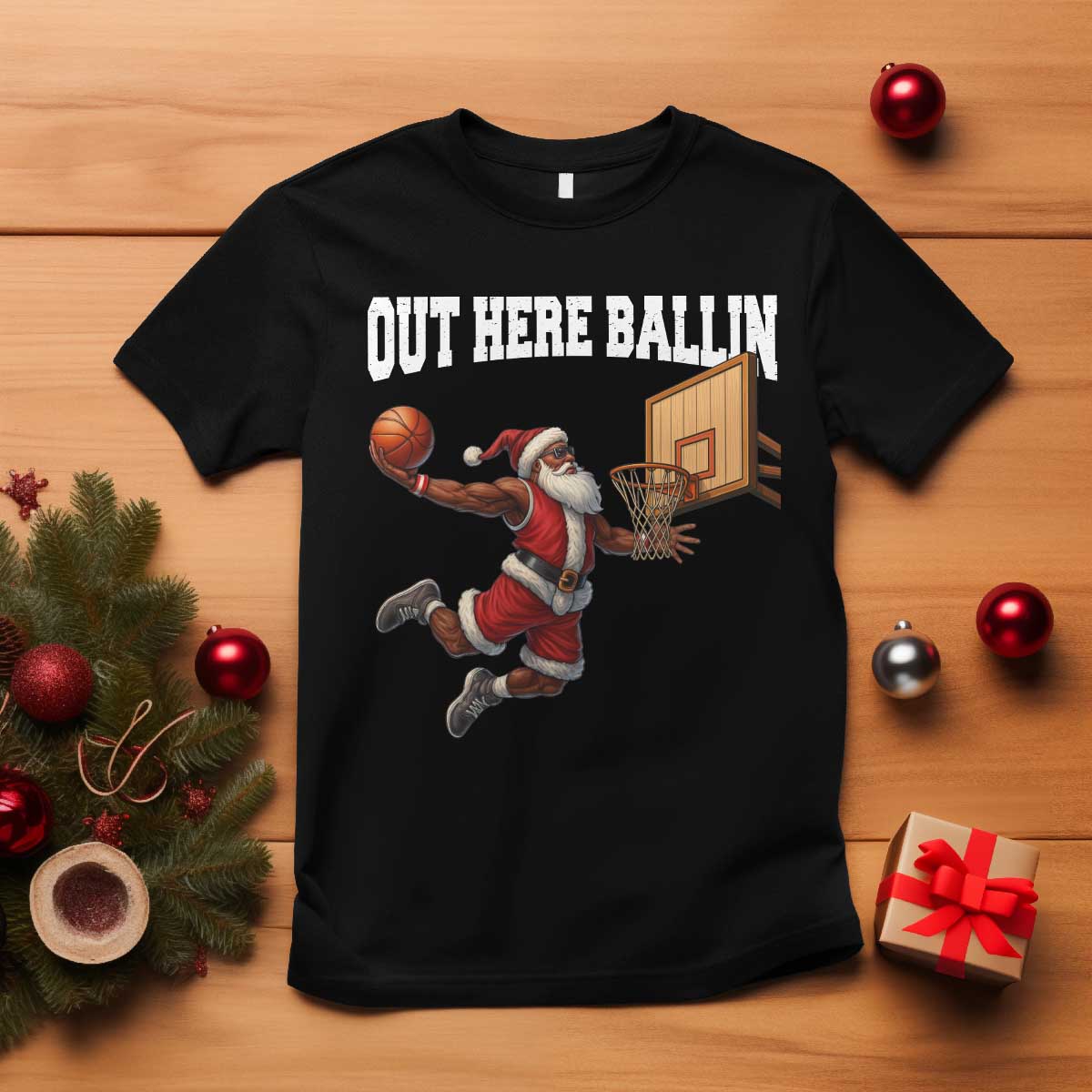 Funny Black Santa Christmas Basketball T Shirt Out Here Ballin Xmas Santa Sport TS11 Black Print Your Wear