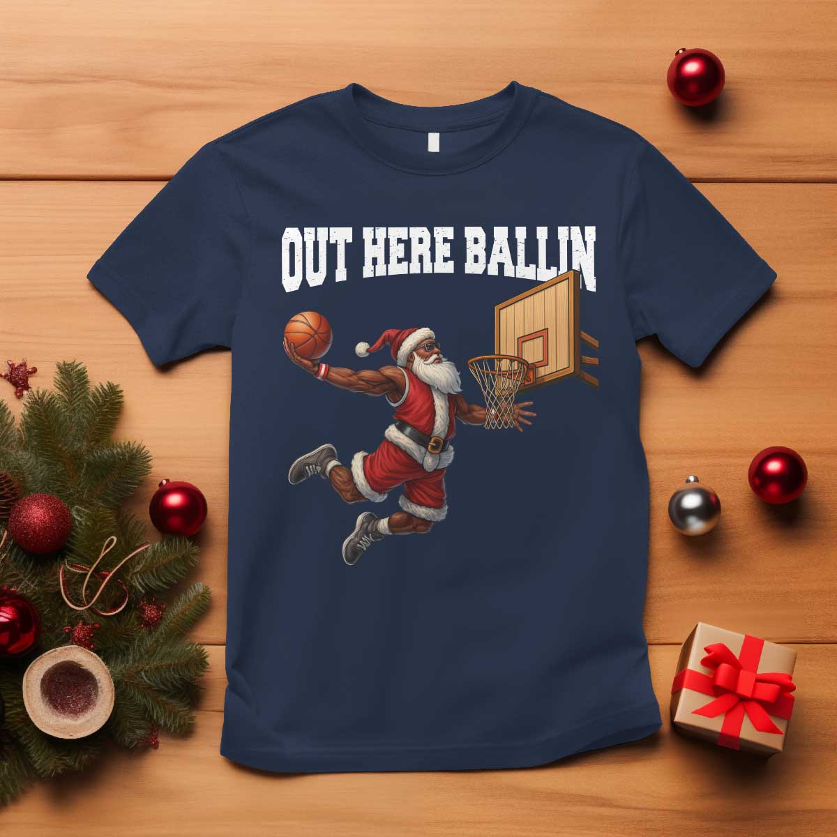 Funny Black Santa Christmas Basketball T Shirt Out Here Ballin Xmas Santa Sport TS11 Navy Print Your Wear