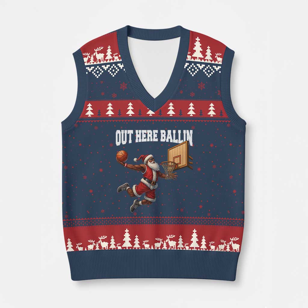 Funny Black Santa Christmas Basketball V-Neck Knit Sweater Vest Out Here Ballin Xmas Santa Sport TS11 Navy Red Print Your Wear