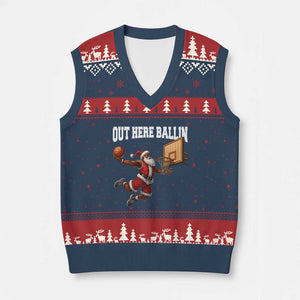 Funny Black Santa Christmas Basketball V-Neck Knit Sweater Vest Out Here Ballin Xmas Santa Sport TS11 Navy Red Print Your Wear