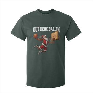 Funny Black Santa Christmas Basketball T Shirt For Kid Out Here Ballin Xmas Santa Sport TS11 Dark Forest Green Print Your Wear