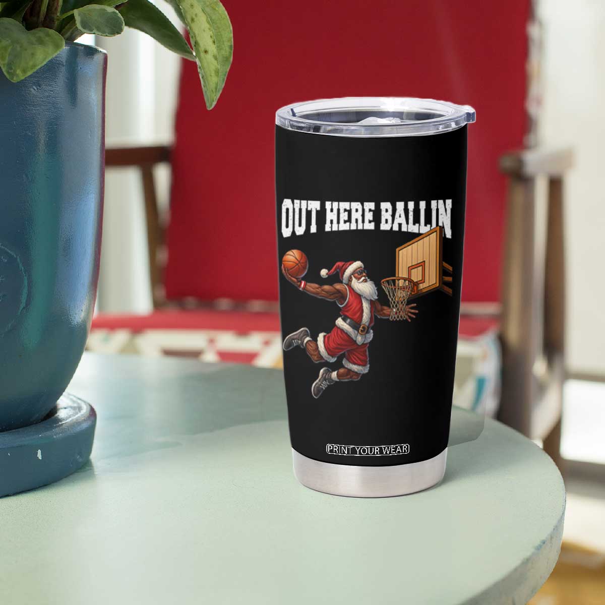 Funny Black Santa Christmas Basketball Tumbler Cup Out Here Ballin Xmas Santa Sport TS11 Print Your Wear
