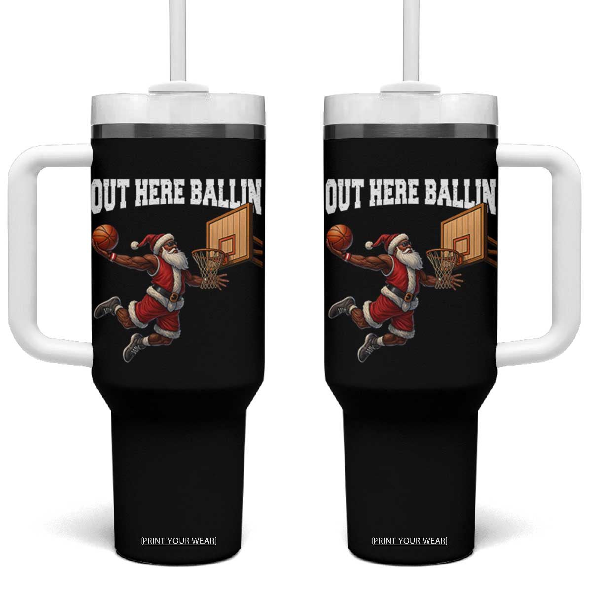 Funny Black Santa Christmas Basketball Tumbler With Handle Out Here Ballin Xmas Santa Sport TS11 One Size: 40 oz Black Print Your Wear