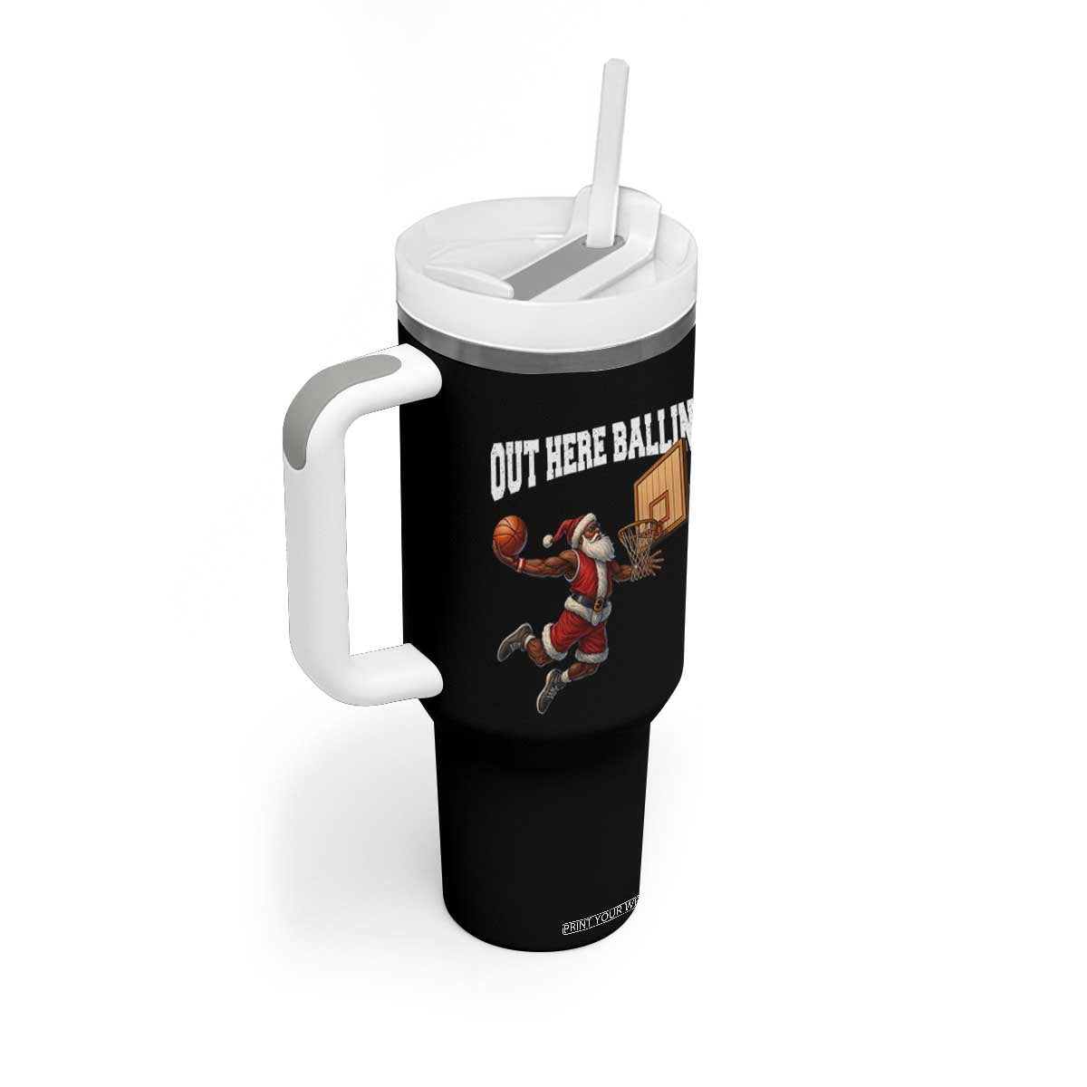 Funny Black Santa Christmas Basketball Tumbler With Handle Out Here Ballin Xmas Santa Sport TS11 Print Your Wear