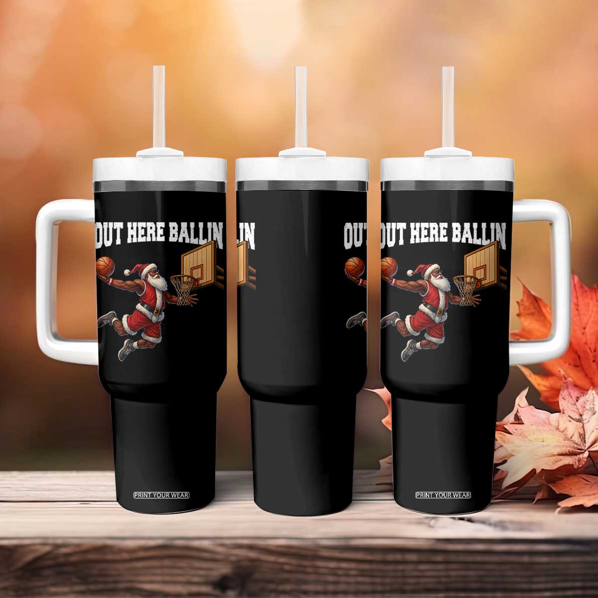 Funny Black Santa Christmas Basketball Tumbler With Handle Out Here Ballin Xmas Santa Sport TS11 Print Your Wear