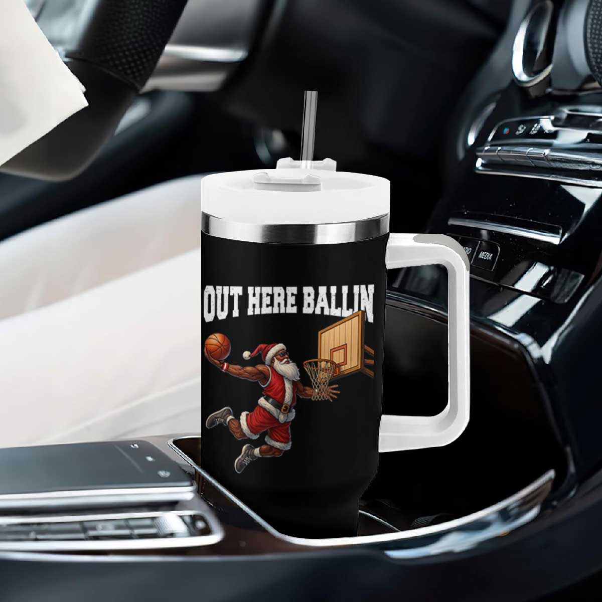 Funny Black Santa Christmas Basketball Tumbler With Handle Out Here Ballin Xmas Santa Sport TS11 Print Your Wear