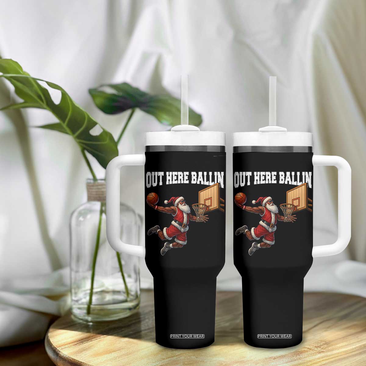 Funny Black Santa Christmas Basketball Tumbler With Handle Out Here Ballin Xmas Santa Sport TS11 Print Your Wear
