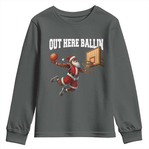 Funny Black Santa Christmas Basketball Youth Sweatshirt Out Here Ballin Xmas Santa Sport TS11 Dark Heather Print Your Wear