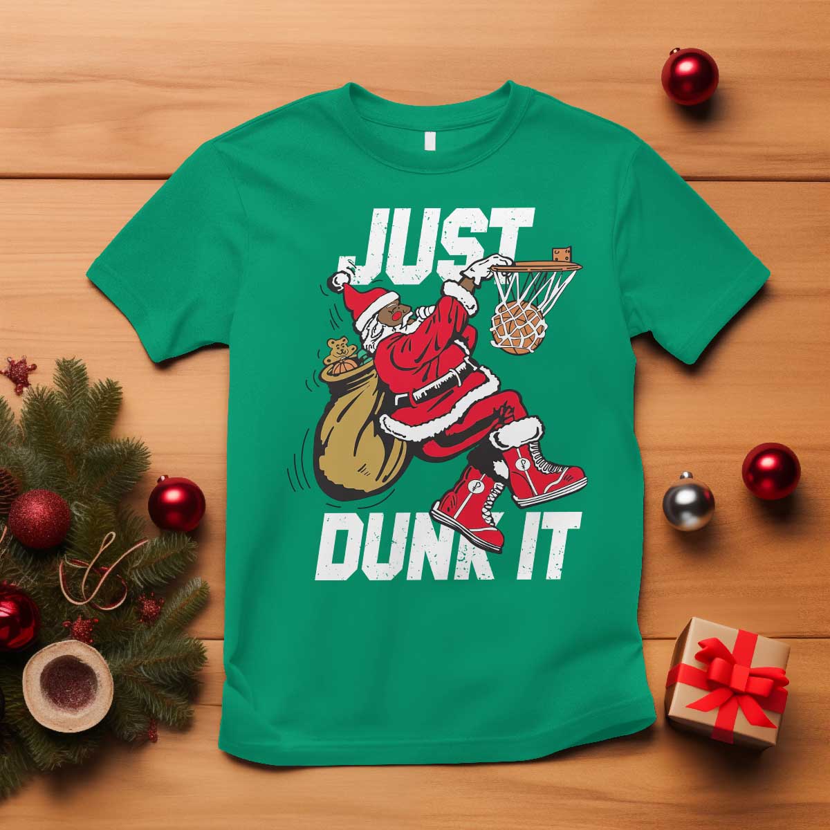 Funny Black Santa Christmas Basketball T Shirt Just Dunk It Xmas Sport TS11 Irish Green Print Your Wear