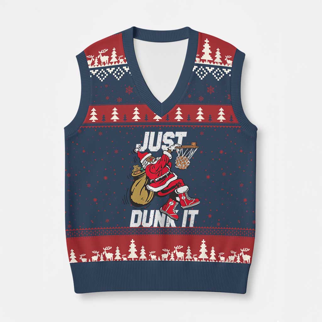 Funny Black Santa Christmas Basketball V-Neck Knit Sweater Vest Just Dunk It Xmas Sport TS11 Navy Red Print Your Wear