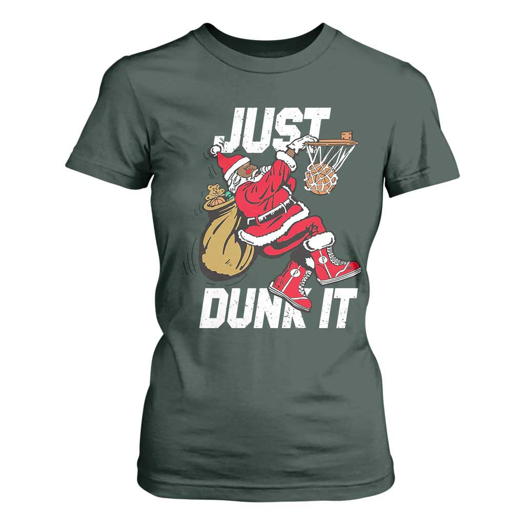 Funny Black Santa Christmas Basketball T Shirt For Women Just Dunk It Xmas Sport TS11 Dark Forest Green Print Your Wear