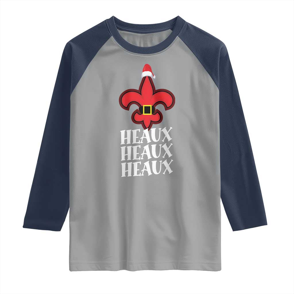 Funny Cajun Louisiana Christmas Raglan Shirt Heaux Heaux Heaux New Orleans Santa Hat TS11 Sport Gray Navy Print Your Wear