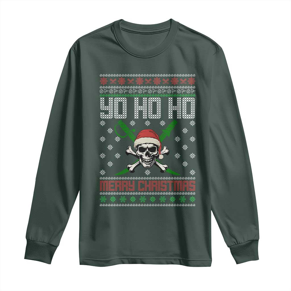 Funny Christmas Pirate Santa Long Sleeve Shirt Yo Ho Ho Merry Christmas Skull Santa Hat TS11 Dark Forest Green Print Your Wear