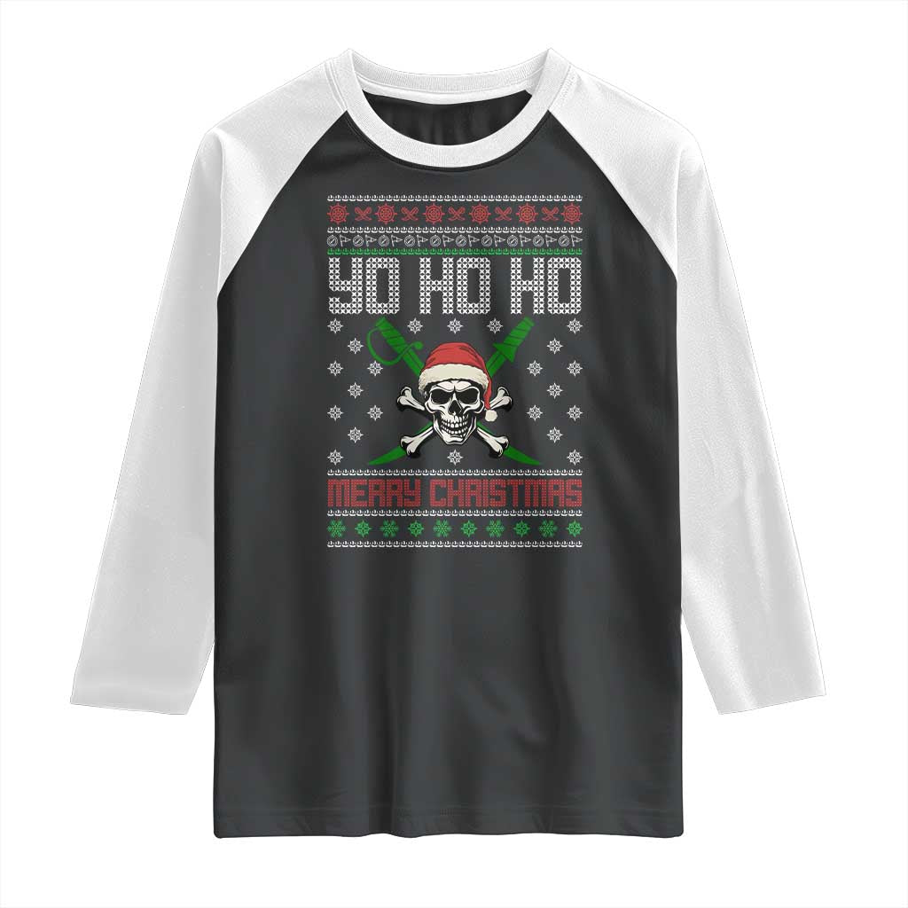 Funny Christmas Pirate Santa Raglan Shirt Yo Ho Ho Merry Christmas Skull Santa Hat TS11 Black White Print Your Wear