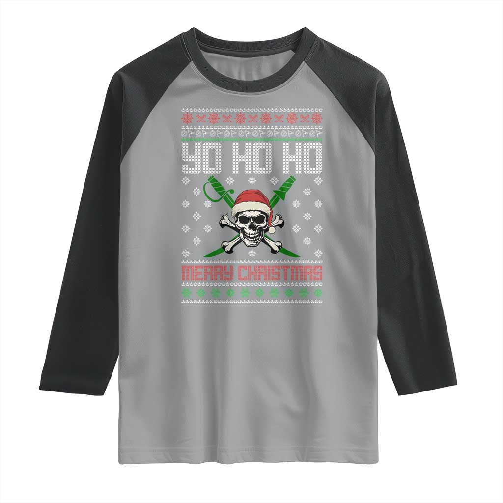 Funny Christmas Pirate Santa Raglan Shirt Yo Ho Ho Merry Christmas Skull Santa Hat TS11 Sport Gray Black Print Your Wear
