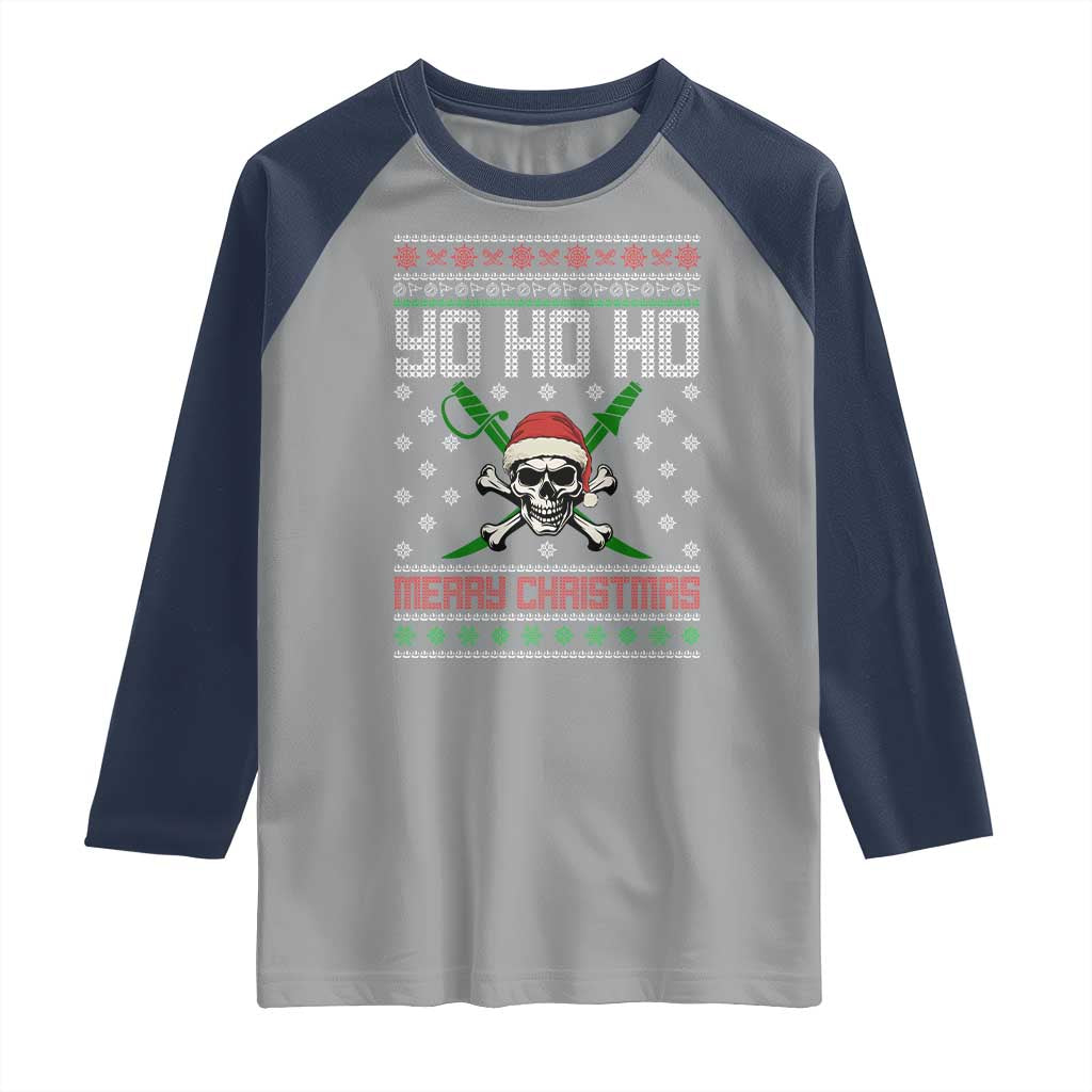Funny Christmas Pirate Santa Raglan Shirt Yo Ho Ho Merry Christmas Skull Santa Hat TS11 Sport Gray Navy Print Your Wear