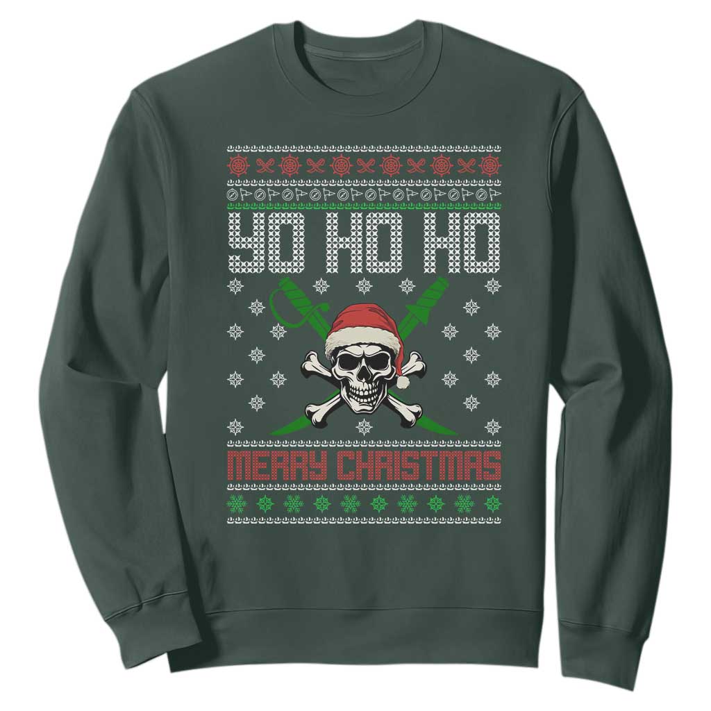 Funny Christmas Pirate Santa Sweatshirt Yo Ho Ho Merry Christmas Skull Santa Hat TS11 Dark Forest Green Print Your Wear