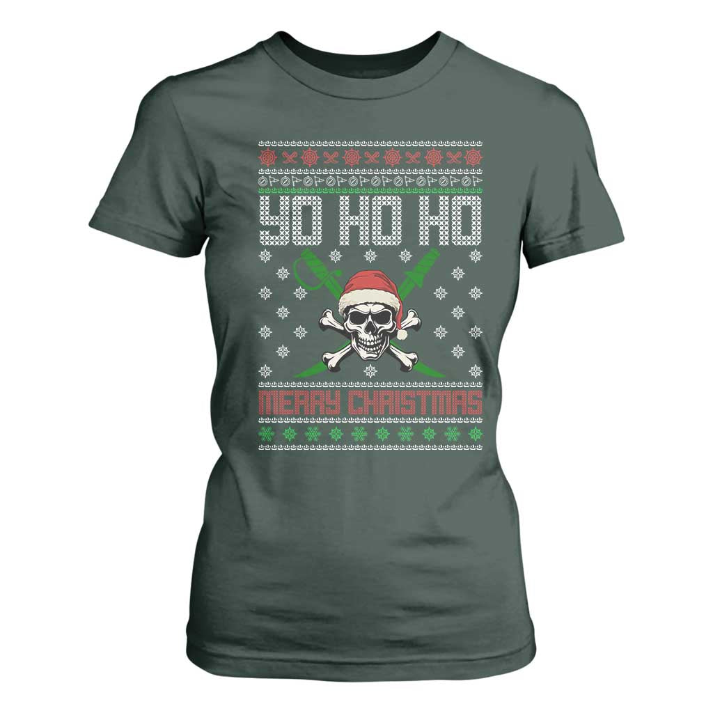Funny Christmas Pirate Santa T Shirt For Women Yo Ho Ho Merry Christmas Skull Santa Hat TS11 Dark Forest Green Print Your Wear
