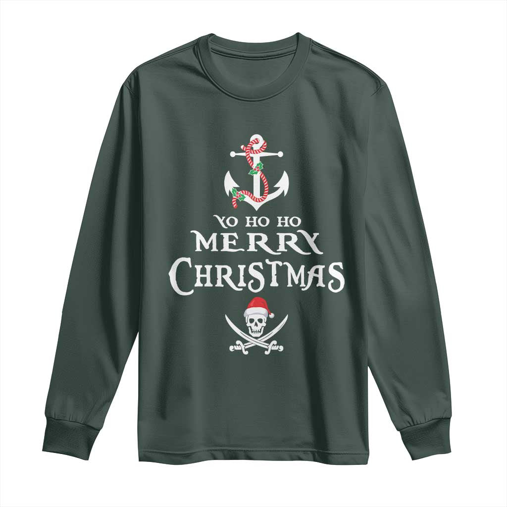Funny Christmas Pirate Long Sleeve Shirt Yo Ho Ho Merry Christmas Anchor Santa Skull TS11 Dark Forest Green Print Your Wear