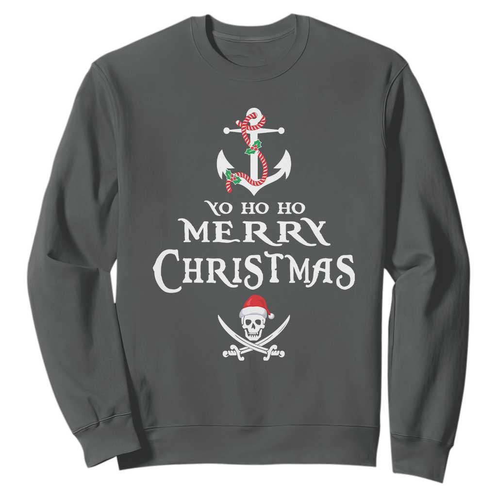 Funny Christmas Pirate Sweatshirt Yo Ho Ho Merry Christmas Anchor Santa Skull TS11 Dark Heather Print Your Wear