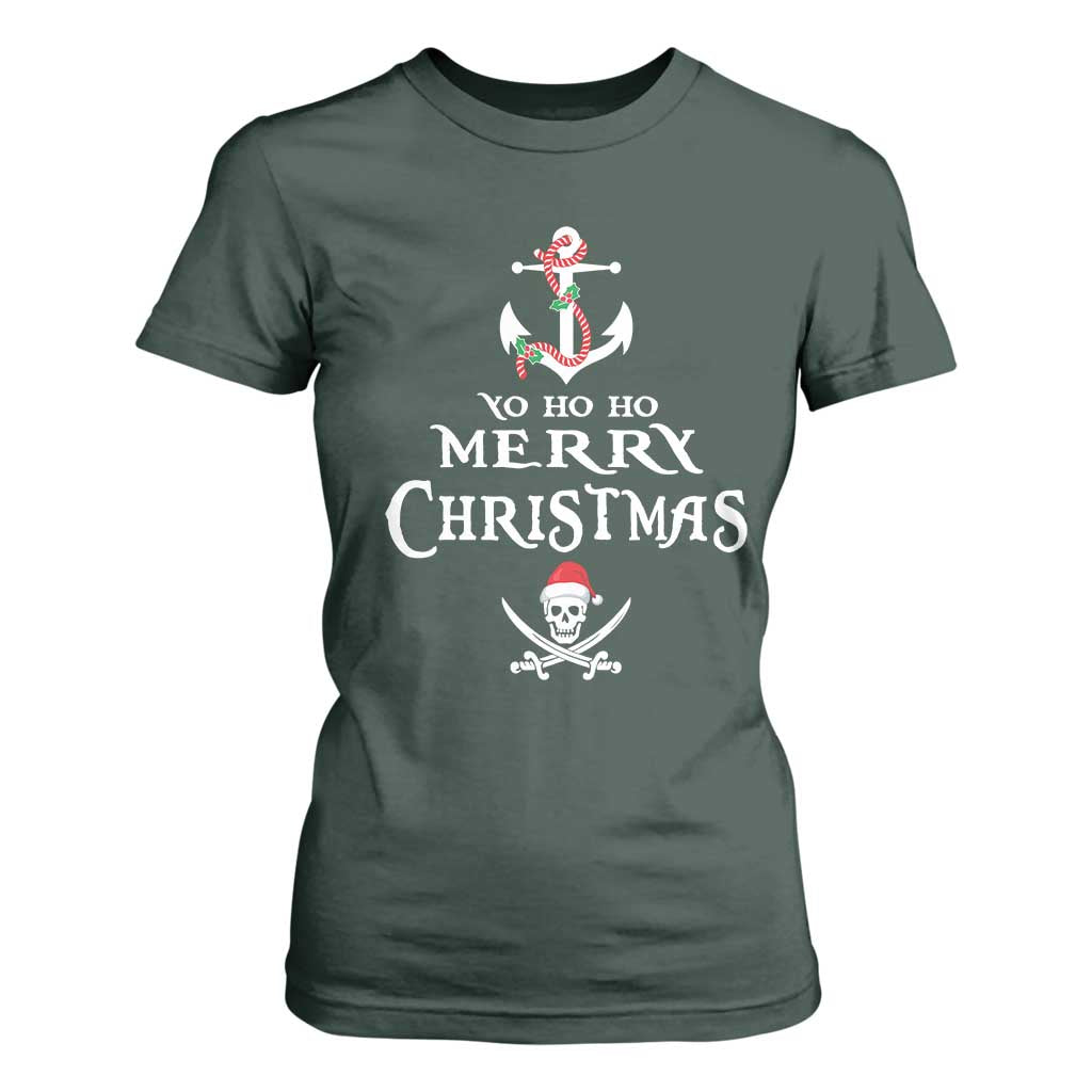 Funny Christmas Pirate T Shirt For Women Yo Ho Ho Merry Christmas Anchor Santa Skull TS11 Dark Forest Green Print Your Wear