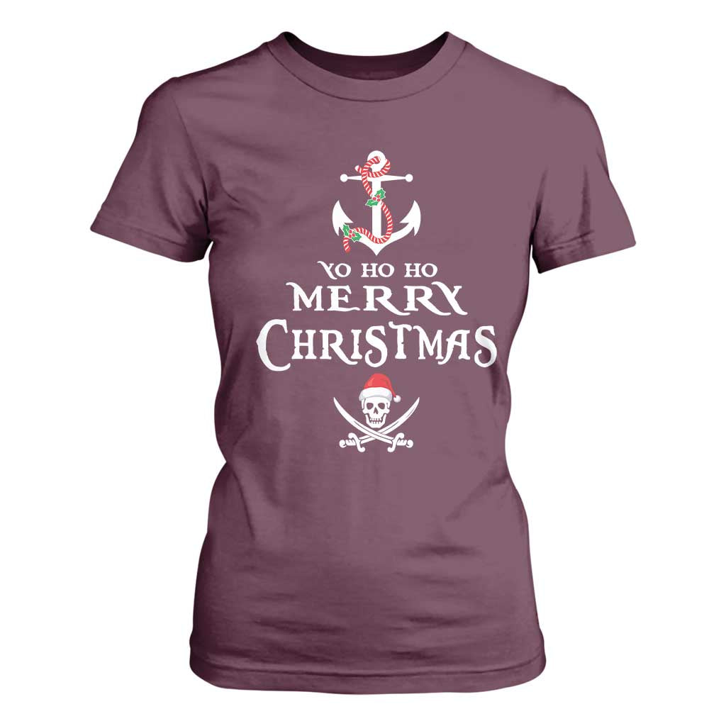 Funny Christmas Pirate T Shirt For Women Yo Ho Ho Merry Christmas Anchor Santa Skull TS11 Maroon Print Your Wear