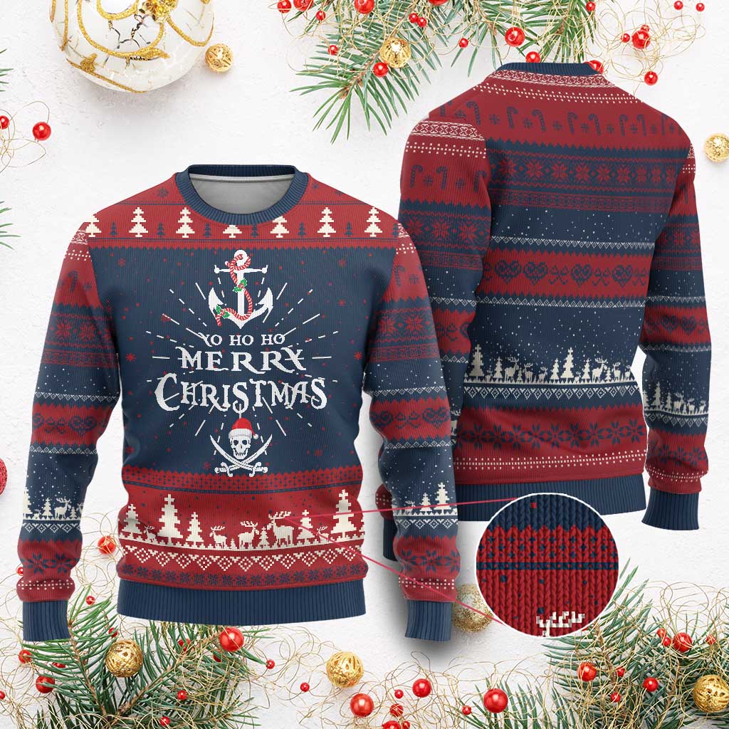 Funny Xmas Pirate Ugly Christmas Sweater Yo Ho Ho Merry Christmas Anchor Santa Skull TS11 Burgundy Print Your Wear