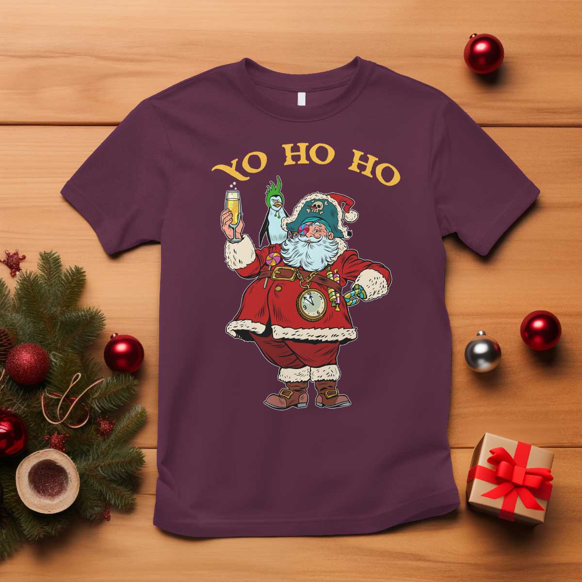 Funny Christmas Pirate Santa T Shirt Yo Ho Ho Holiday Xmas Pirate TS11 Maroon Print Your Wear