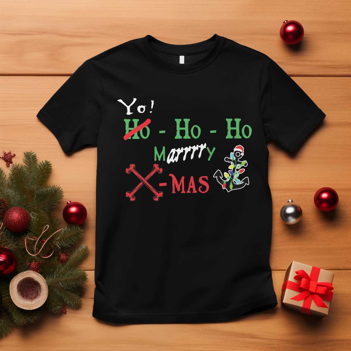 Funny Christmas Pirate T Shirt Yo Ho Ho Marrrrry X-Mas Anchor Santa Hat TS11 Black Print Your Wear