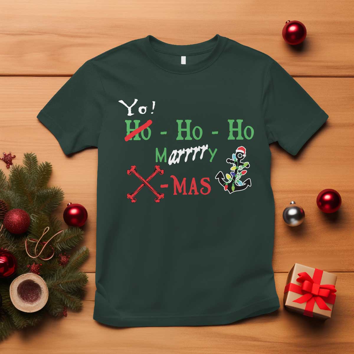Funny Christmas Pirate T Shirt Yo Ho Ho Marrrrry X-Mas Anchor Santa Hat TS11 Dark Forest Green Print Your Wear