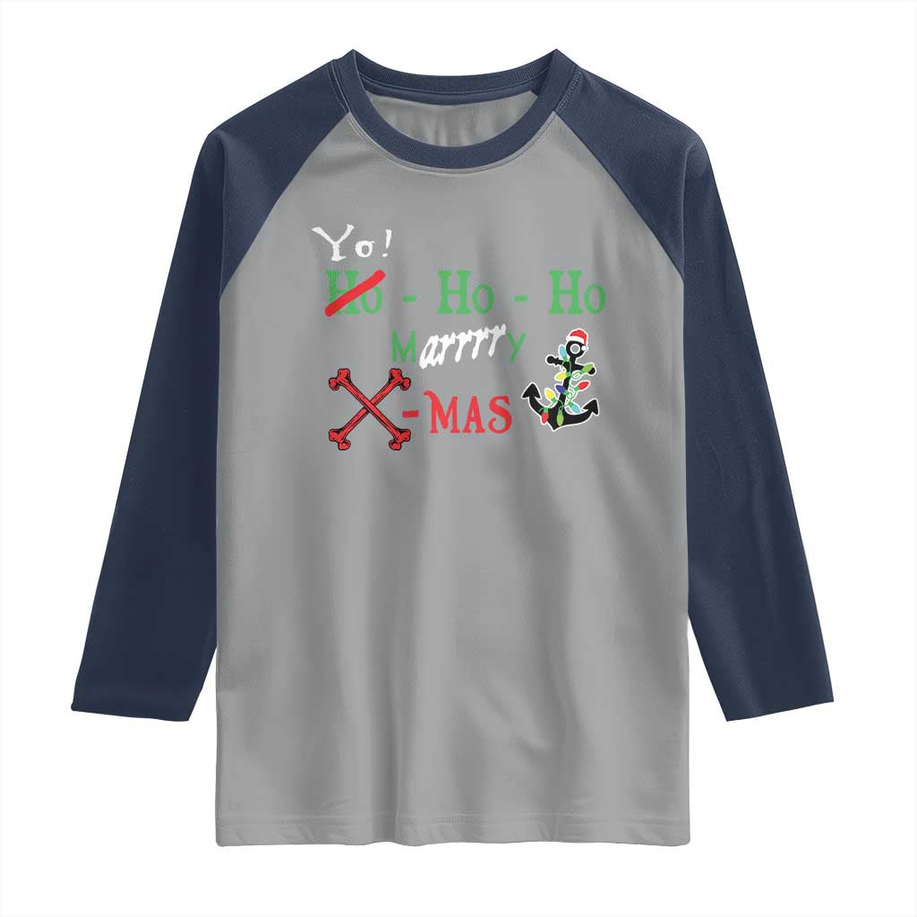 Funny Christmas Pirate Raglan Shirt Yo Ho Ho Marrrrry X-Mas Anchor Santa Hat TS11 Sport Gray Navy Print Your Wear