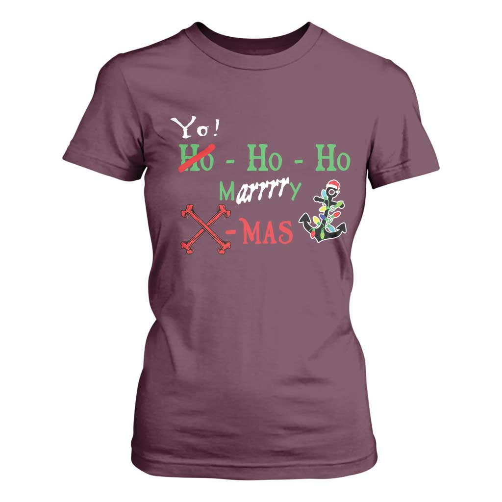 Funny Christmas Pirate T Shirt For Women Yo Ho Ho Marrrrry X-Mas Anchor Santa Hat TS11 Maroon Print Your Wear