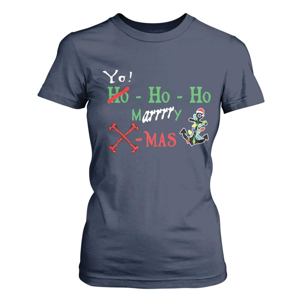 Funny Christmas Pirate T Shirt For Women Yo Ho Ho Marrrrry X-Mas Anchor Santa Hat TS11 Navy Print Your Wear