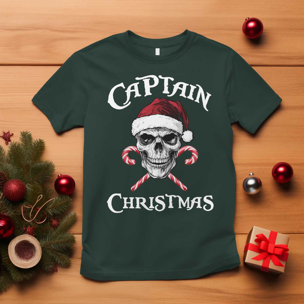 Funny Xmas Pirate Santa T Shirt Captain Christmas Skull Candy Canes TS11 Dark Forest Green Print Your Wear