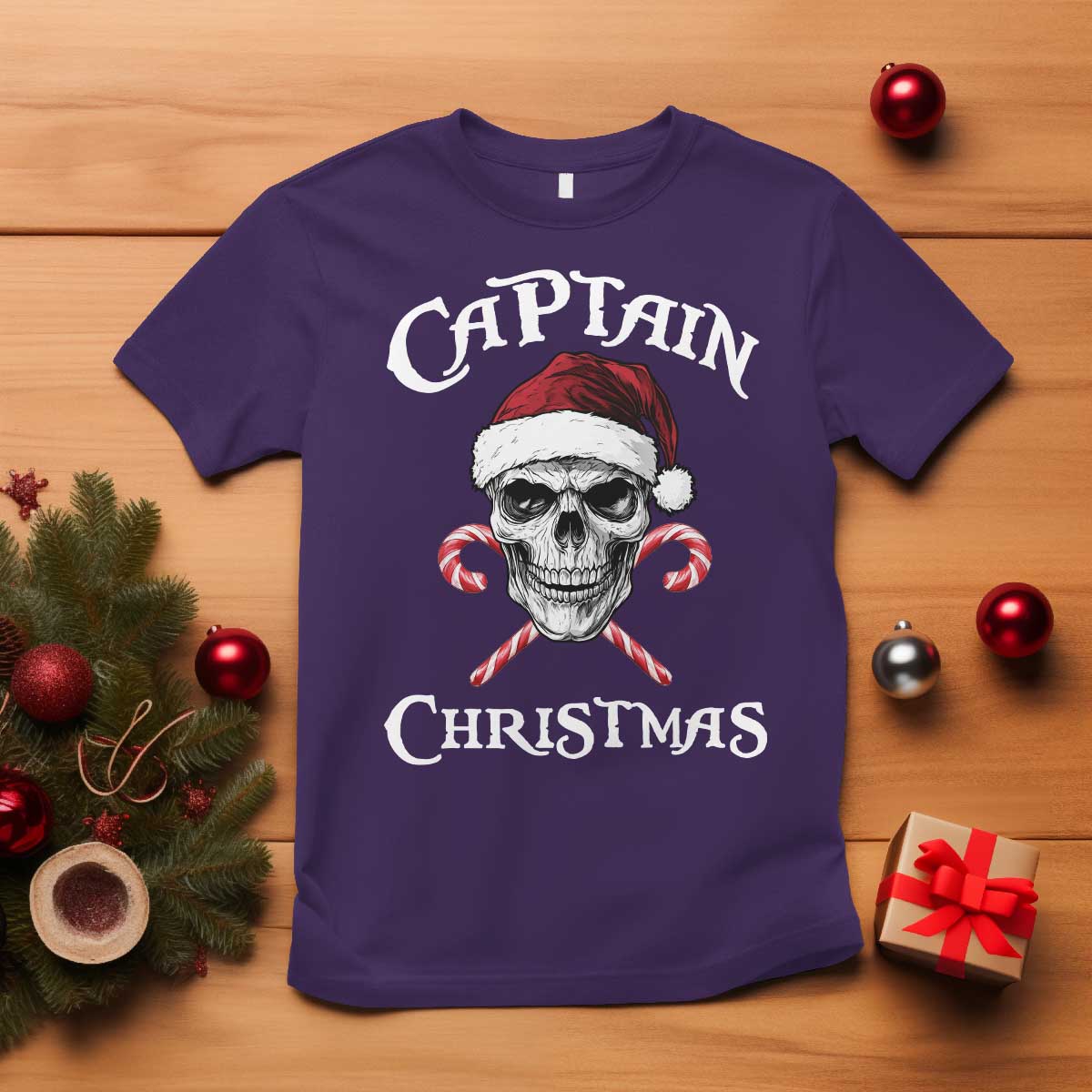 Funny Xmas Pirate Santa T Shirt Captain Christmas Skull Candy Canes TS11 Purple Print Your Wear