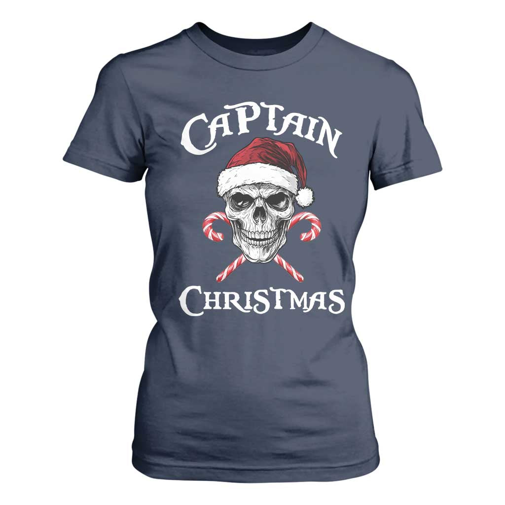 Funny Xmas Pirate Santa T Shirt For Women Captain Christmas Skull Candy Canes TS11 Navy Print Your Wear