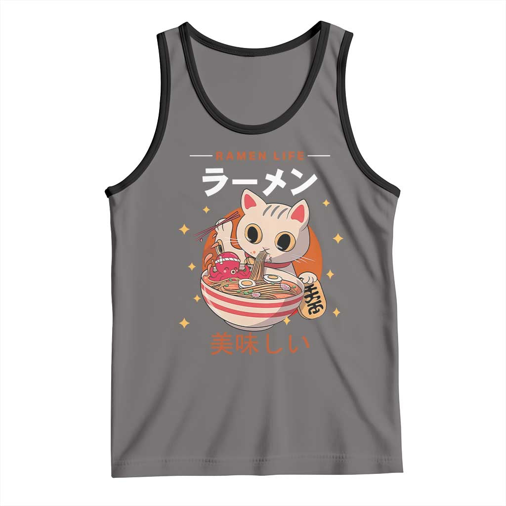 Funny Japanese Kawaii Cat Neko Ramen Tank Top TS11 Deep Heather Black Print Your Wear