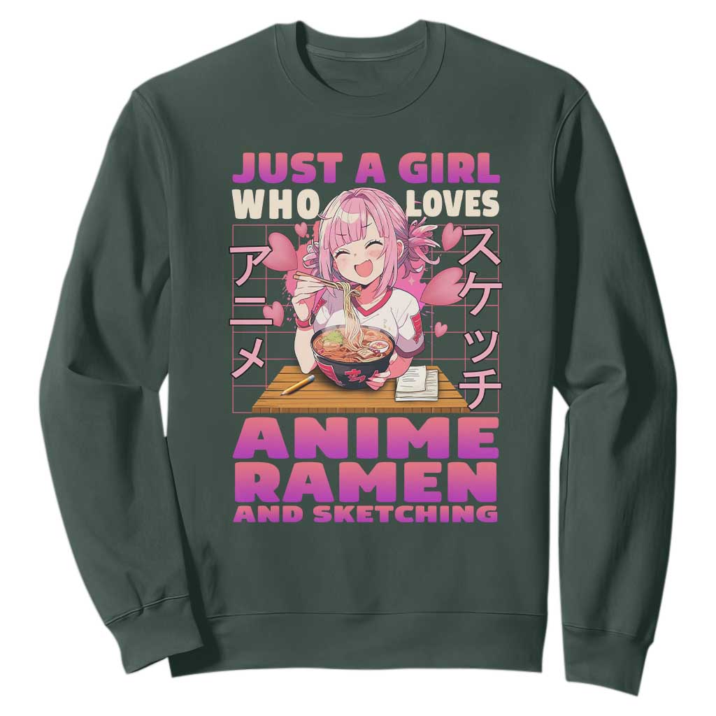 Funny Just A Girl Who Loves Anime Ramen And Sketching Sweatshirt Otaku Japanese Kawaii Anime Girl TS11 Dark Forest Green Print Your Wear