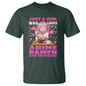 Funny Just A Girl Who Loves Anime Ramen And Sketching T Shirt Otaku Japanese Kawaii Anime Girl TS11 Dark Forest Green Print Your Wear