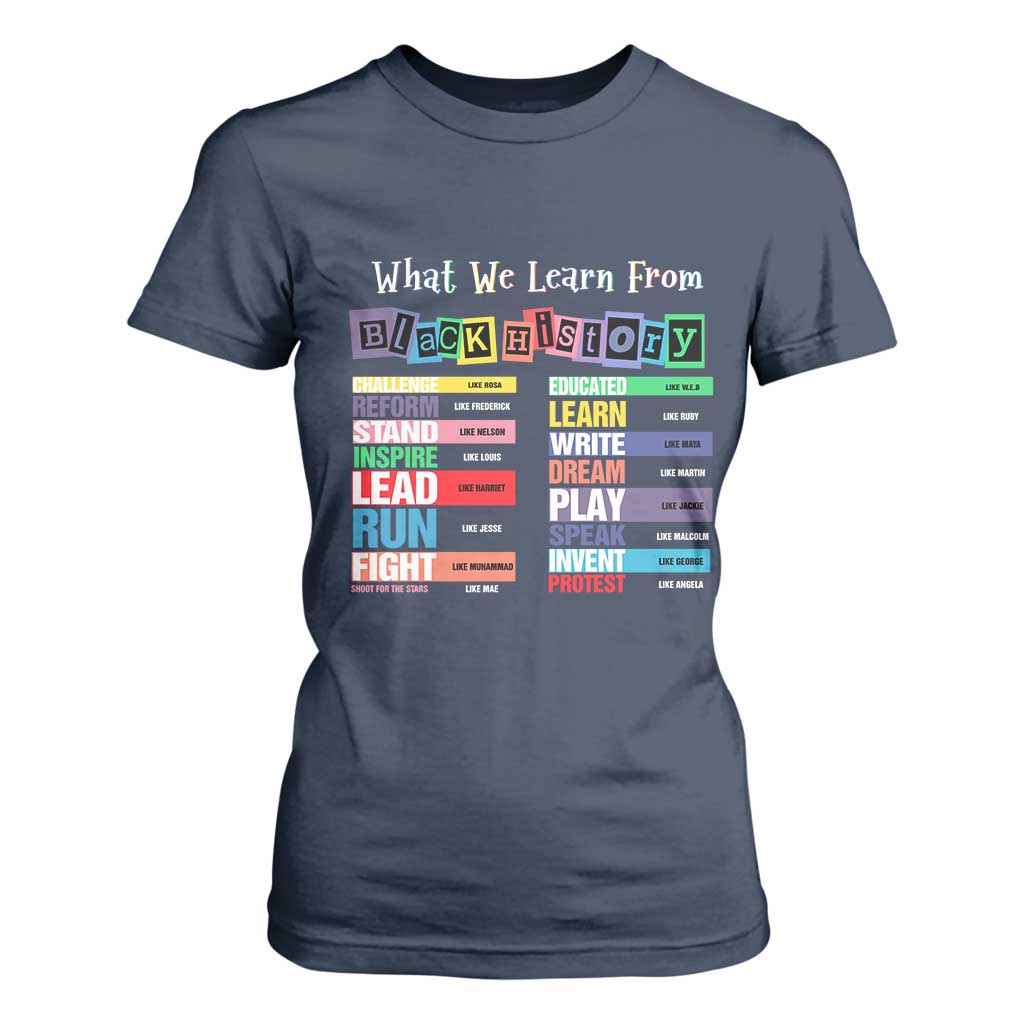 What We Learn From Black History T Shirt For Women African American Pride TS11 Navy Print Your Wear