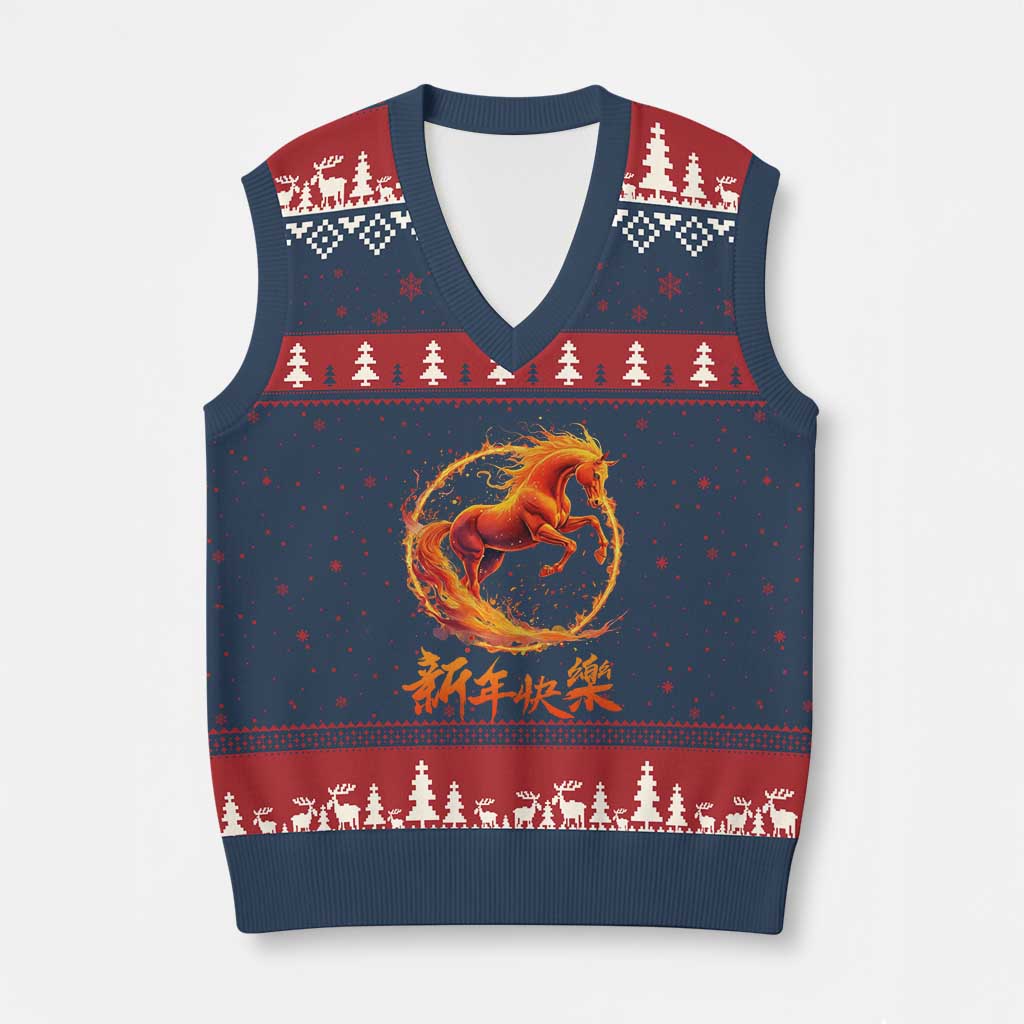 Year of The Fire Horse 2026 V-Neck Knit Sweater Vest Chinese Zodiac Lunar New Year TS11 Navy Red Print Your Wear