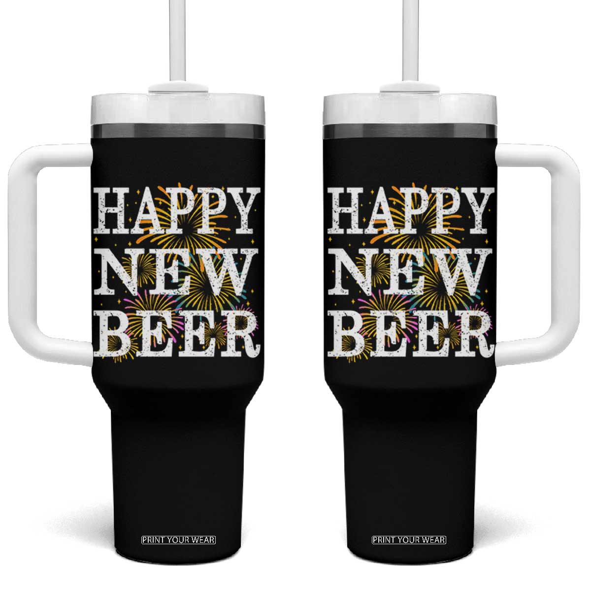 Funny Happy New Beer New Year Tumbler With Handle NYE Party Beer Lover Firework TS11 One Size: 40 oz Black Print Your Wear