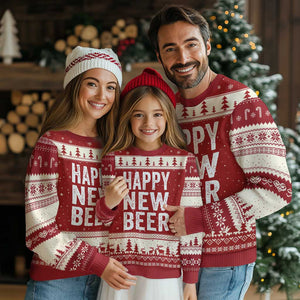 Funny Happy New Beers New Year Ugly Christmas Sweater NYE Party Beer Lover TS11 Red Beige Print Your Wear