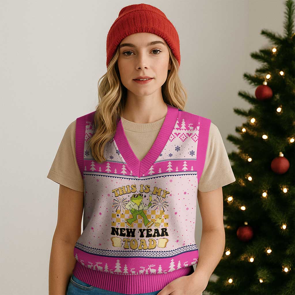 Funny New Years Eve V-Neck Knit Sweater Vest This Is My New Year Toad Frog Pun TS11 Hot Pink Print Your Wear