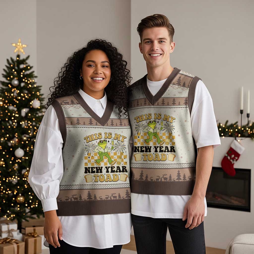 Funny New Years Eve V-Neck Knit Sweater Vest This Is My New Year Toad Frog Pun TS11 Mocha Mousse Print Your Wear