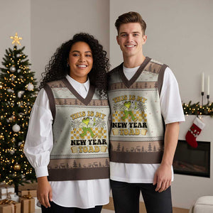Funny New Years Eve V-Neck Knit Sweater Vest This Is My New Year Toad Frog Pun TS11 Mocha Mousse Print Your Wear