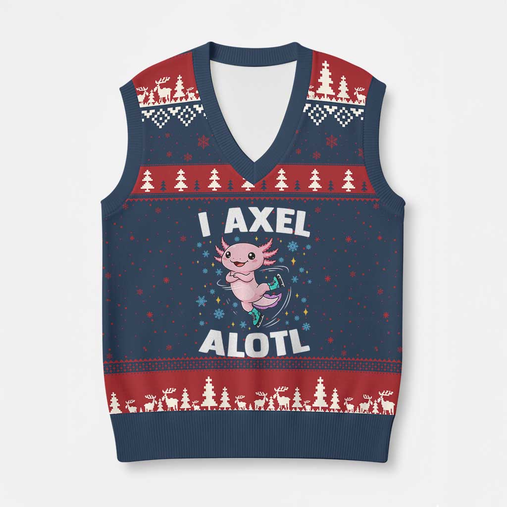 Funny Axolotl Ice Skating V-Neck Knit Sweater Vest I Axel Alotl Winter Sport TS11 Navy Red Print Your Wear