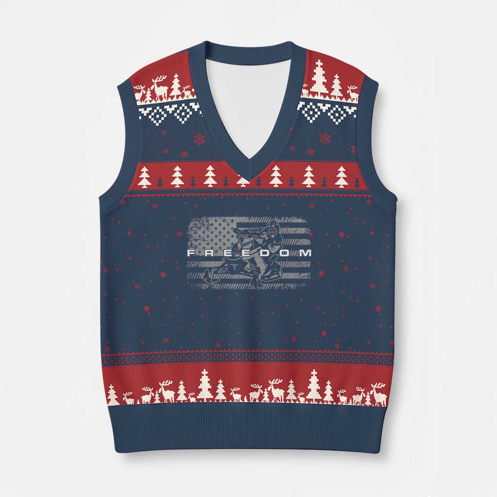 American Flag Snowmobile Freedom Winter Sport V-Neck Knit Sweater Vest TS11 Navy Red Print Your Wear