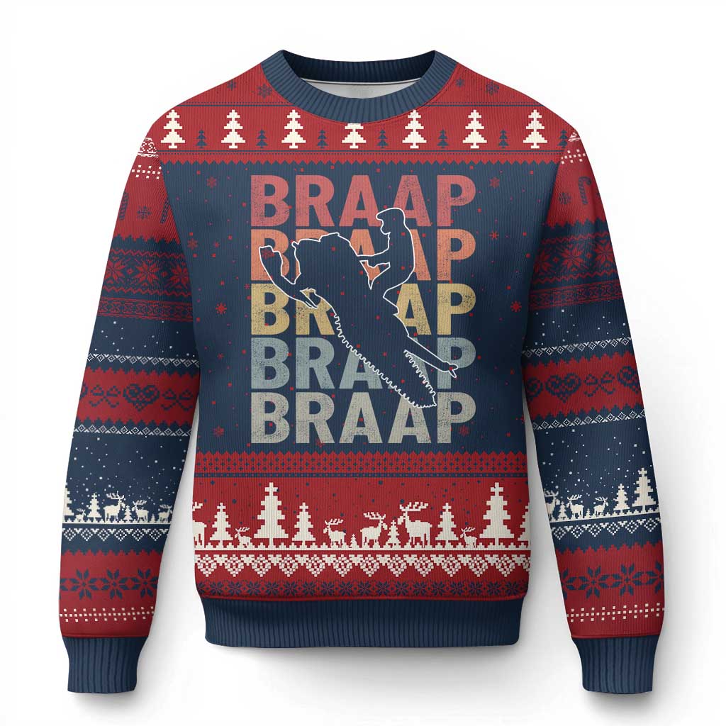 Snowmobile Braaap Ugly Christmas Sweater Retro Snowcross Snow Sled Winter Sport TS11 Navy Red Print Your Wear